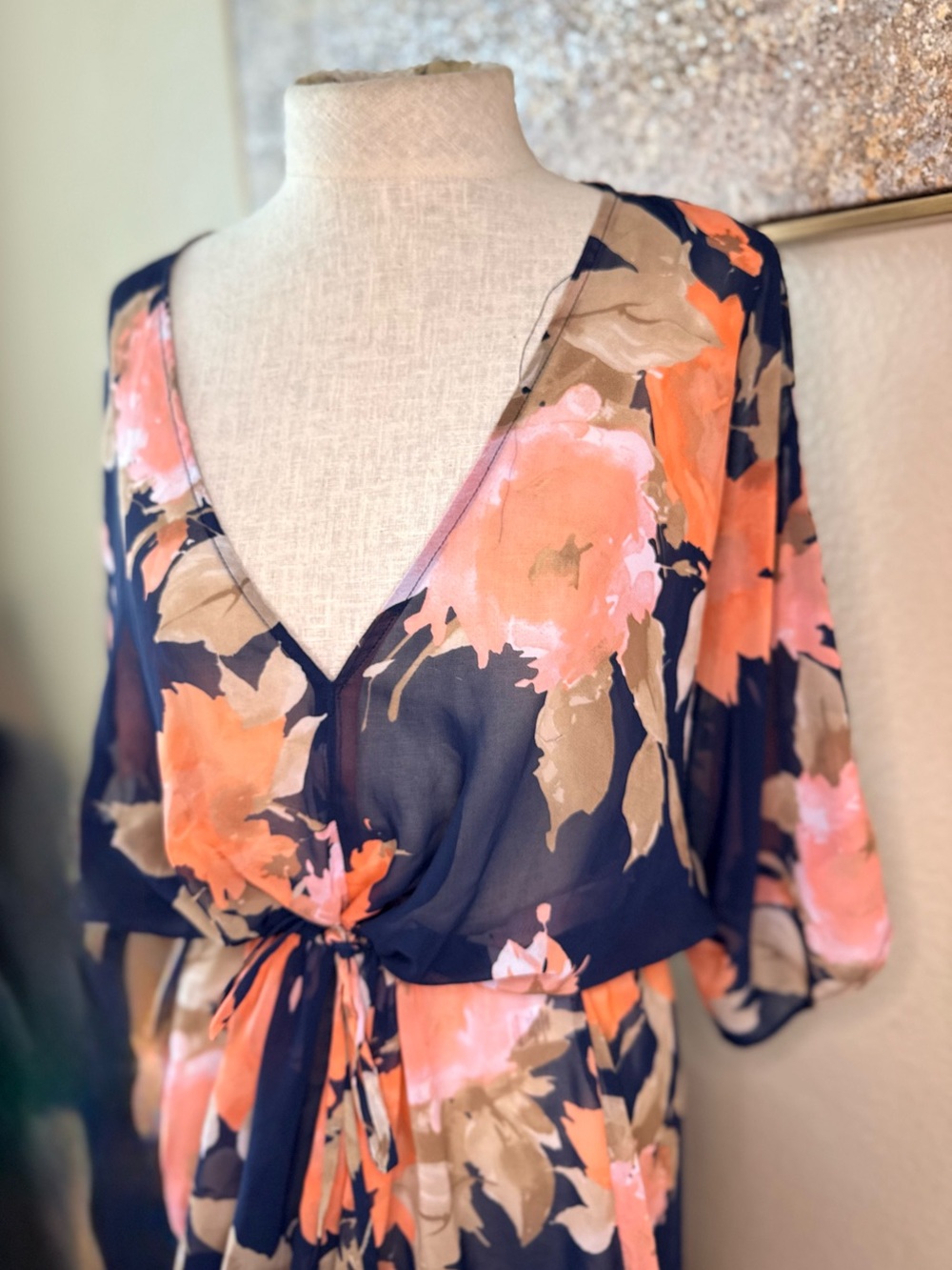 CATO Floral Sheer Maxi Romper Navy Pink Wide Leg Kimono Cover Up Large - Picture 5 of 9